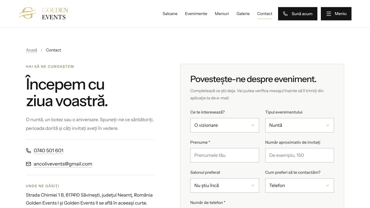Pagina de contact Golden Events, cu datele de contact și câmpuri pentru pregătirea unei solicitări despre eveniment.