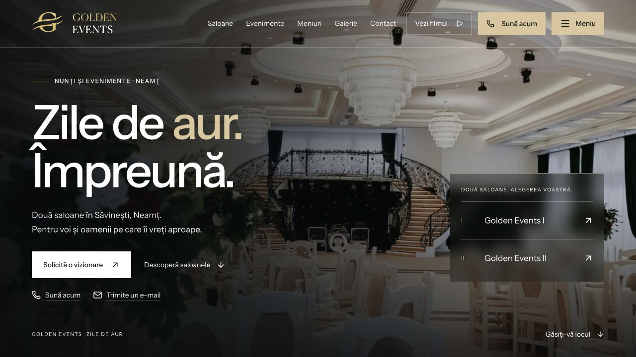 Pagina de început Golden Events, cu prezentarea celor două saloane și acces la solicitarea unei vizionări.
