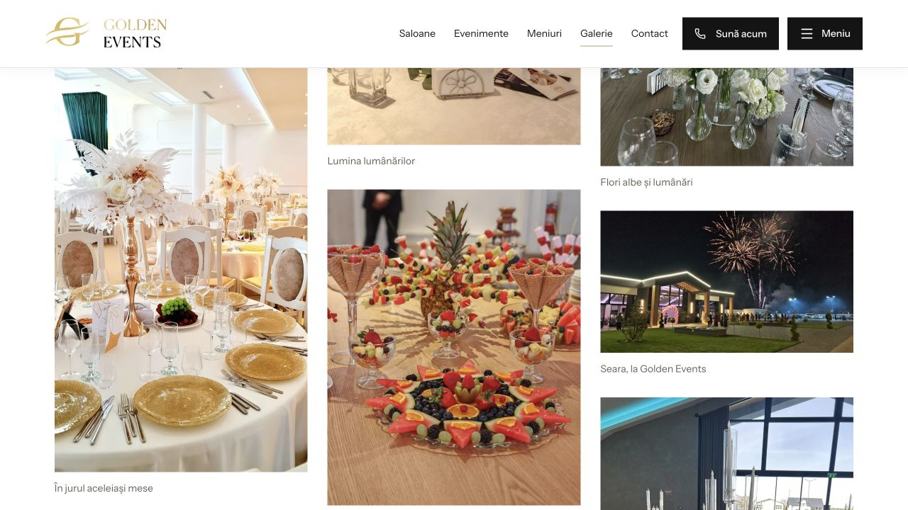 Galeria Golden Events, cu fotografii ale salonului, aranjamentelor, meselor și exteriorului.