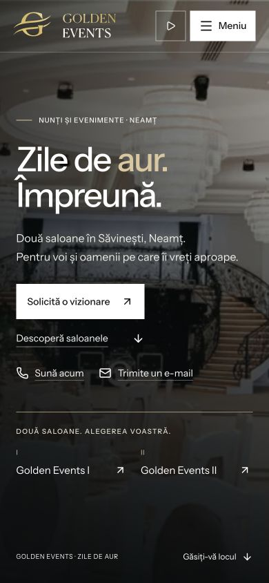 Pagina de început Golden Events pe telefon, cu acces la saloane, vizionare, apel și email.